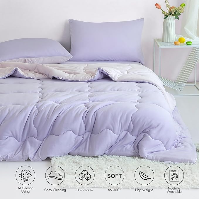 COTTEBED Reversible Ultra-Soft Purple and Light Pink King Size Bed Comforter Set, Jersey Knit T-Shirt Feel Cute Comy Bedding Down Blanket Quilt & Pillowcase Lightweight All Season California Cal King