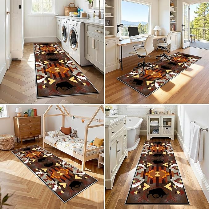 Country Cabin Cowhide Rug,4x10ft,Cow Rugs for Living Room, Rustic Farmhouse Western Kitchen Rugs,Southwestern Native American Aztec Rugs,for Bedside, Bedroom Entrance Hallway
