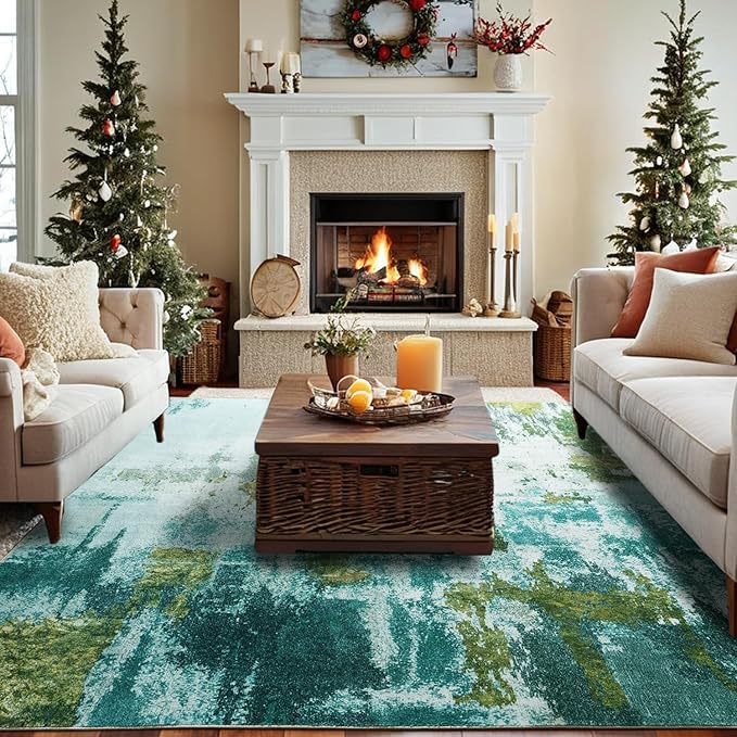 Area Rug 5x7 Washable Rugs Green Abstract Area Rug Soft Non-Slip Non-Shedding Faux Wool Stain Resistant Floor Carpets for Living Room Bedroom Dining Room Kids Room Home Office Farmhouse