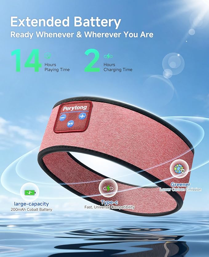 Perytong Sleep Headphones Bluetooth Headband, No Pressure for Ear, Headband Headphones Wireless Earphones Music Sleep Headband Earbuds, Sleep Mask Gifts for Men Women Teens