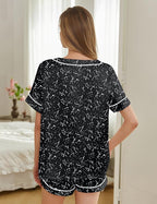 Silk Pajamas for Women Short Sleeve Satin 2 Piece Pj Set Soft V Neck Sleepwear Loungewear, S-XXL
