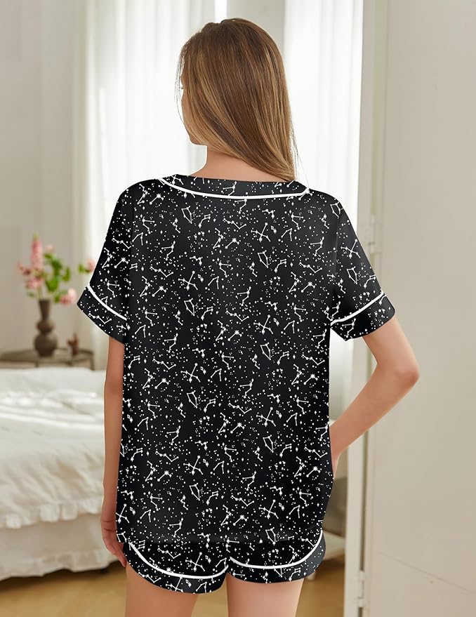 Silk Pajamas for Women Short Sleeve Satin 2 Piece Pj Set Soft V Neck Sleepwear Loungewear, S-XXL