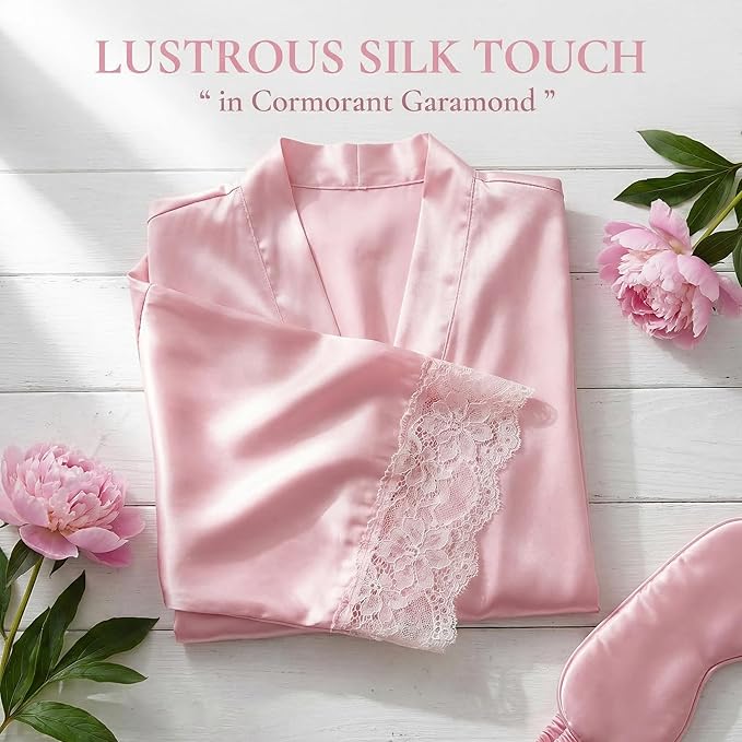 Long Satin Robes for Women Ankle Length Kimono Robes Silky Bridal Party Robes with Lace Trim Bridesmaid Loungewear Sleepwear