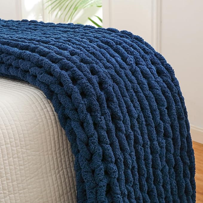 YAAPSU Chunky Knit Throw Blanket for Couch, 51"x63", 100% Hand Knitted Thick Cable Knit with Cozy Jumbo Chenille Yarn, Soft Large Rope Knot Crochet Blankets for Sofa Bed Living Room Décor, Navy Blue