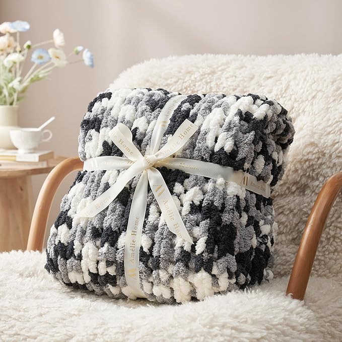 Amélie Home Chunky Knit Throw Blanket for Couch, Soft Chenille Handmade Crochet Throw Rope Knot Blanket for Couch, 50"x60", Space-Dyed Black