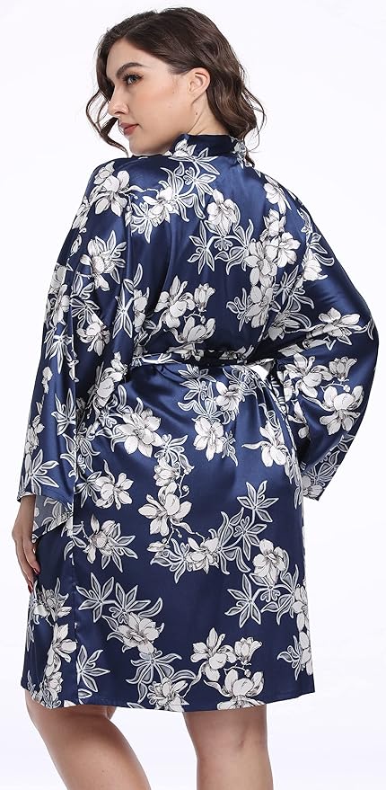 Women's Plus Size Satin Kimono Robes Short Silk Bathrobe Bridesmaid Wedding Party Nightgown Sleepwear