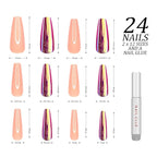 Hypnaughty 24 Pcs Raspberry Golden Chrome & Peach Extra Long Coffin Press On Nails and Glue Reflective Mirror XL False Nails (Raspberry Golden Chrome & Peach)