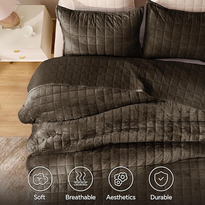 BEDELITE Velvet Quilt Set Queen Size - Luxury Velvet Comforter Bedding Set 3 Pieces, Lightweight Soft Cozy Mocha Brown Oversized Bedspread Coverlet for All Seasons with 2 Pillow Shams