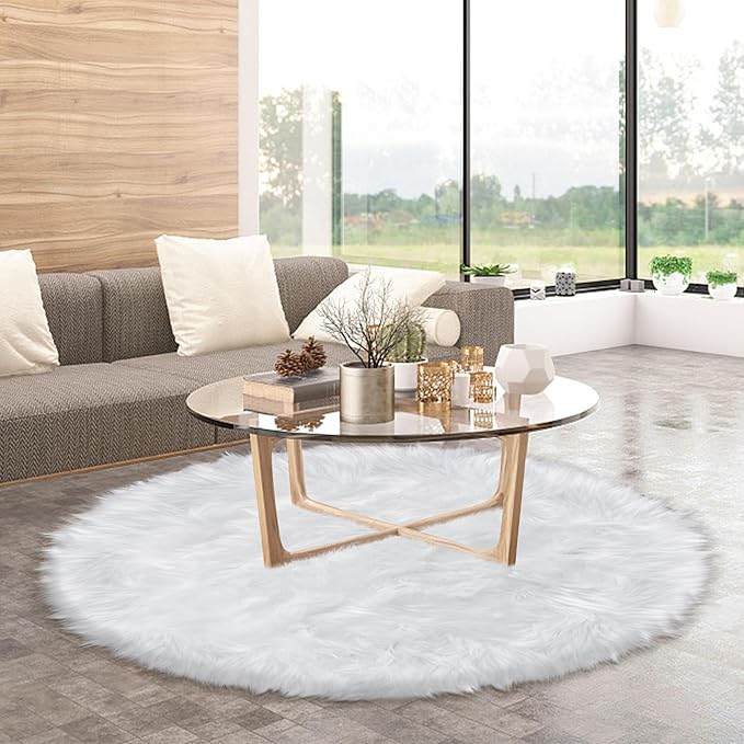 4 ft Fluffy White Round Rug for Bedroom, Furry Faux Sheepskin Fur White Circle Rugs for Living Room Cute Soft Fuzzy Shag Carpet for Kids Girls Room Nursery Dorm