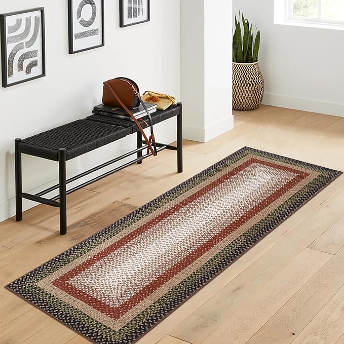 RUGSREAL 2x10 Long Hallway Runner Rug Braided Print Mat Kitchen Runner Rug with Rubber Backing Washable Farmhouse Runner Carpet Rustic Accent Area Rug for Living Room Bedroom Bathroom, Crimson/Earthy