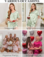 Silk Pajamas for Women Short Sleeve Satin 2 Piece Pj Set Soft V Neck Sleepwear Loungewear, S-XXL