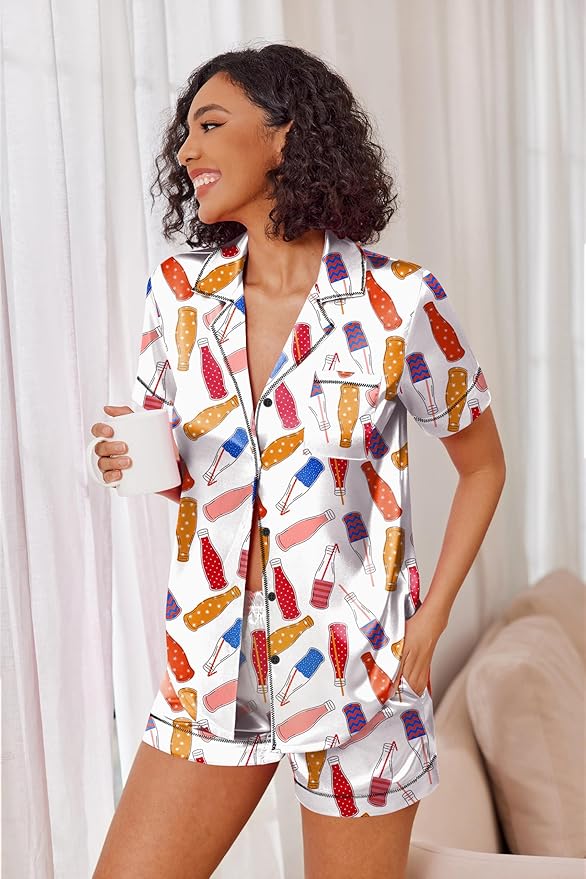 Ekouaer Womens Satin Silk Pajamas Set Short Sleeve Sleepwear Button Down Top and Shorts Loungewear 2 Piece Pjs Set S-XXL
