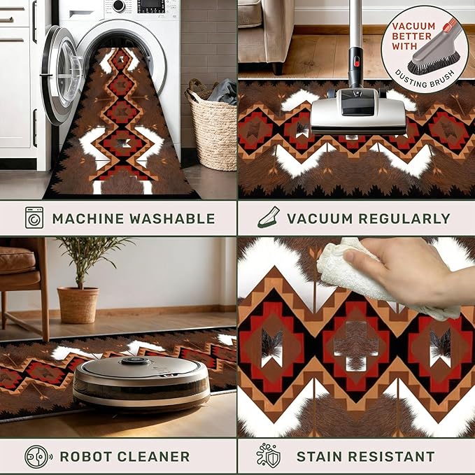 Faux Cowhide Rugs for Hallways,4x12ft,Country Farmhouse Western Runner Rugs,Southwest Aztec Kitchen Runner Rug,Soft, Non-Slip, and Machine Washable Cowhide Carpet,for Bedroom, Indoor Entrance