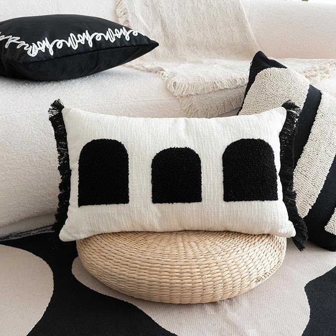 Black White Boho Fringe Tasseled Pillow Cover, Neutral Decorative Rectangular Throw Pillow Case, Geometric Modern Sham for Bed Couch Living Room, 12x20 inches, 1PCS