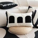 Black White Boho Fringe Tasseled Pillow Cover, Neutral Decorative Rectangular Throw Pillow Case, Geometric Modern Sham for Bed Couch Living Room, 12x20 inches, 1PCS
