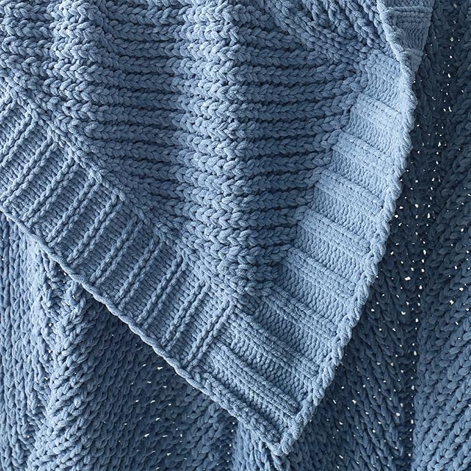 Amélie Home Knit Throw Blanket, Soft Chenille Cozy Breathable Chevron Chunky Decorative Blanket for Couch, Bed & Sofa, French-Inspired Lightweight Warm Gift for Women, Washed Blue, 50"x60"