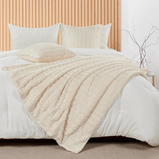 Striped Throw Blanket and Pillow Covers Set (No Inserts) for Couch and Bed, Plush Warm Lightweight Fuzzy Faux Fur Blanket for All Seasons (50" x 60", Cream)