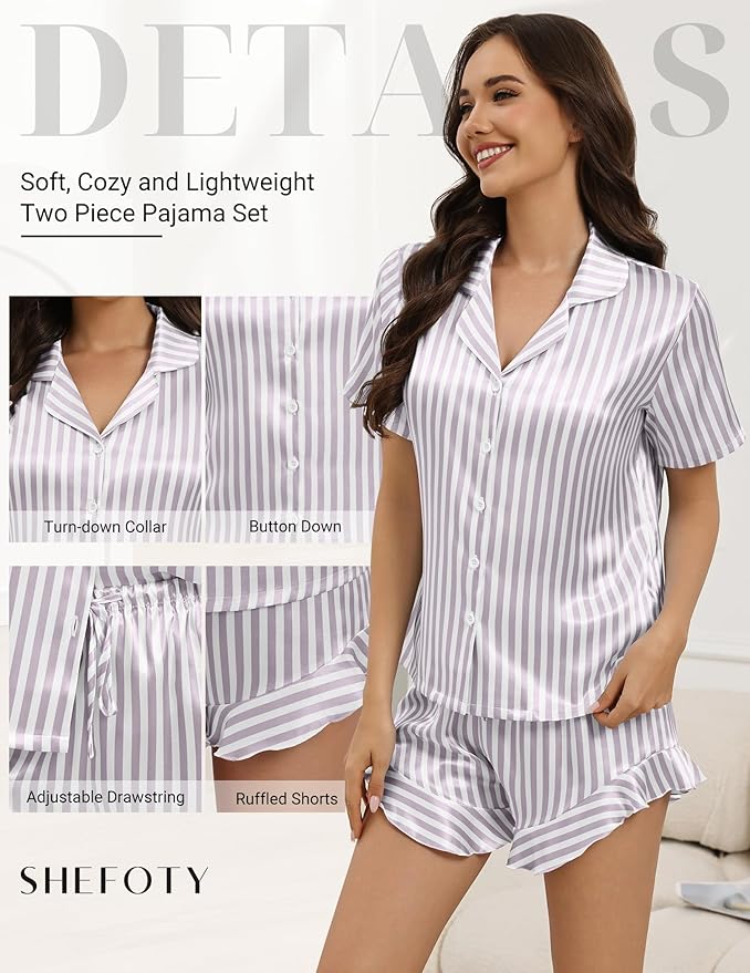 Silk Pajamas for Women Button Down 2 Piece Satin Pjs Shorts Set Ruffle Notch Collar Sleepwear Loungewear