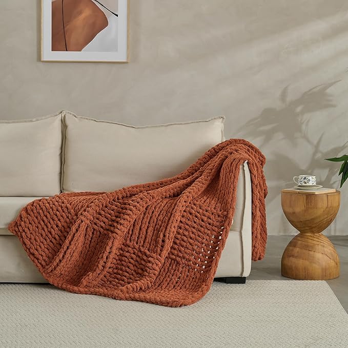 Soft Knitted Throw Blanket - 50x60 Inch Cozy & Lightweight All-Season Blanket, Wrinkle-Resistant Polyester for Couch, Bed, Sofa, Reading Nook (Orange)