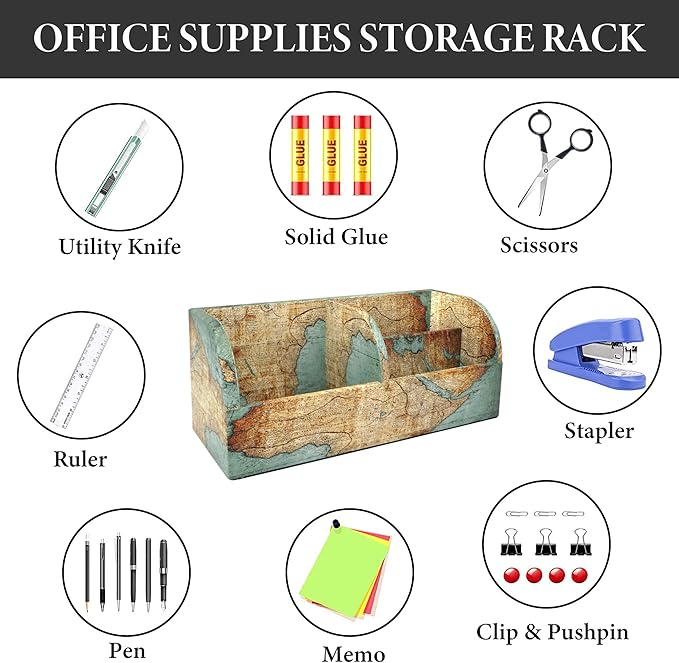 QIELIZI PU Leather Supply Organizer,Remote Control Holder Multifunctional Office Stationery Storage Box Organizer,Pencil Holders Organizers Table Top Desktop Desk Accessories(1-Vintage Map)