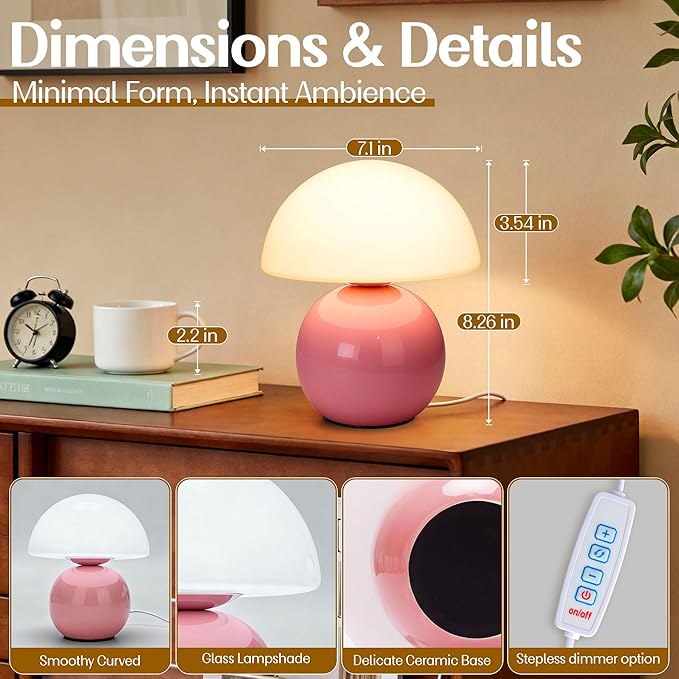 ULAROOM Small Mushroom Lamp,USB-Plug in Bedside Table Lamps with 3-Temperature LED Bulb Dimmable,Unique Cute Aesthetic Home Decor for Living Room,Bedroom, Modern Ceramic Base Glass Lamp(Pink)