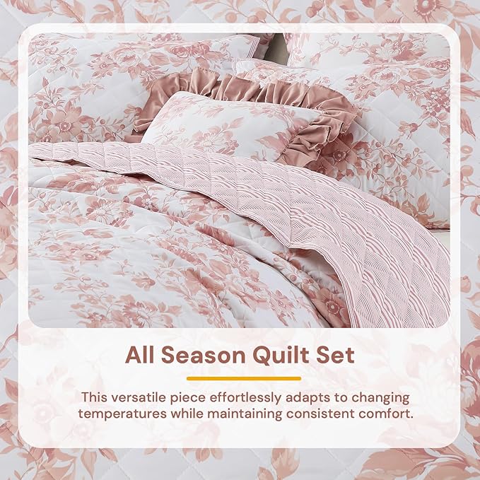 BLOOMHAVEN Quilt Set Queen Size, Dusty Rose Floral Quilt Sets, Reversible Bedspread Lightweight and Breathable for All Seasons, Soft Quilted Bedspread with 2 Pillow Shams