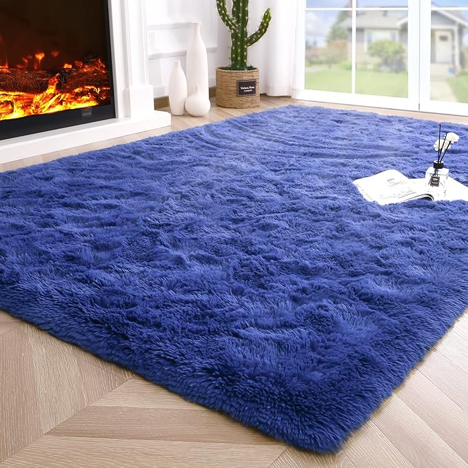 Noahas Fluffy Navy Blue Area Rugs for Bedroom Living Room,4x5.3 Feet Thick Shag Throw Floor Carpet,Soft Shaggy Non-Slip Plush Dorm Nursery Kids Rug Home Decor Aesthetic