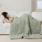 WESHIONGOO Chunky Knit Blanket Throw 51"×63" Knitted Throw Blankets for Couch Bed Fluffy Soft Blanket with Jumbo Chenille Yarn Thick 100% Handmade (Sage Green)