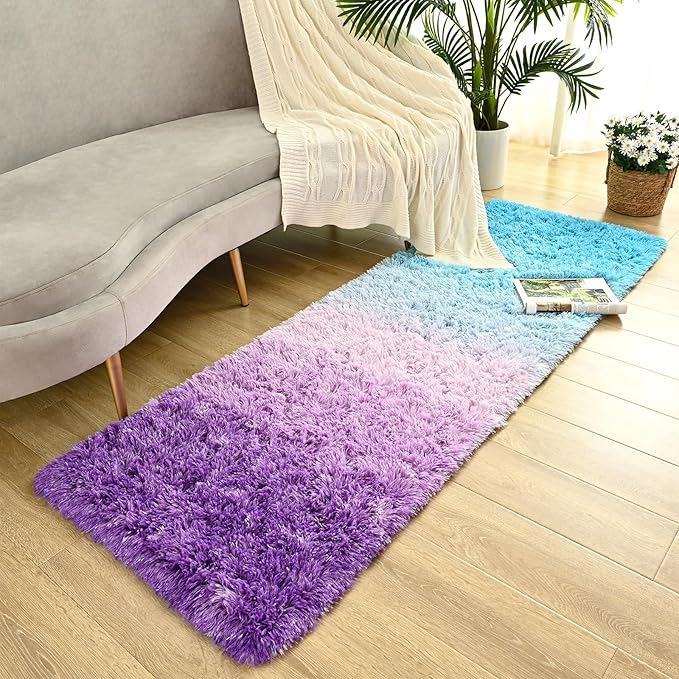 Purple Blue Area Rugs for Bedroom Living Room, 2x6 Feet Fluffy Bedside Rugs, Cute Carpet Rug for Kids Room Nursery, Furry Gradient Rugs for Girls Boys Dorm Room Home Decor
