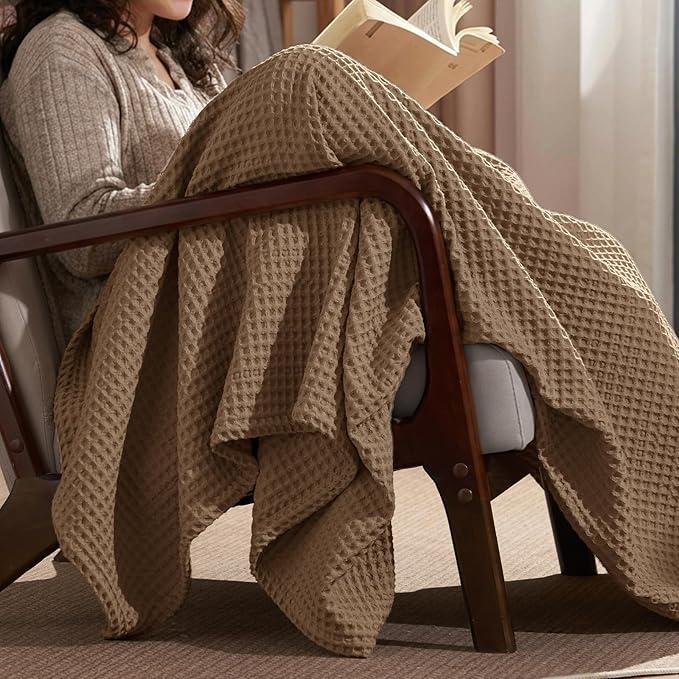 PHF Ultra Soft Waffle Weave Throw Blanket 50"x 60"- Washed Lightweight Breathable Cozy Woven Blanket for Bed - Aesthetic Decor for Couch Bedding Sofa Home Car - Mocha