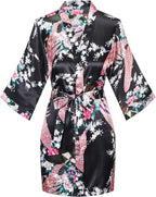 Women's Short Kimono Robes Bride and Bridesmaid Satin Floral Bathrobe Peacock Sleepwear Dressing Gown for Wedding Party