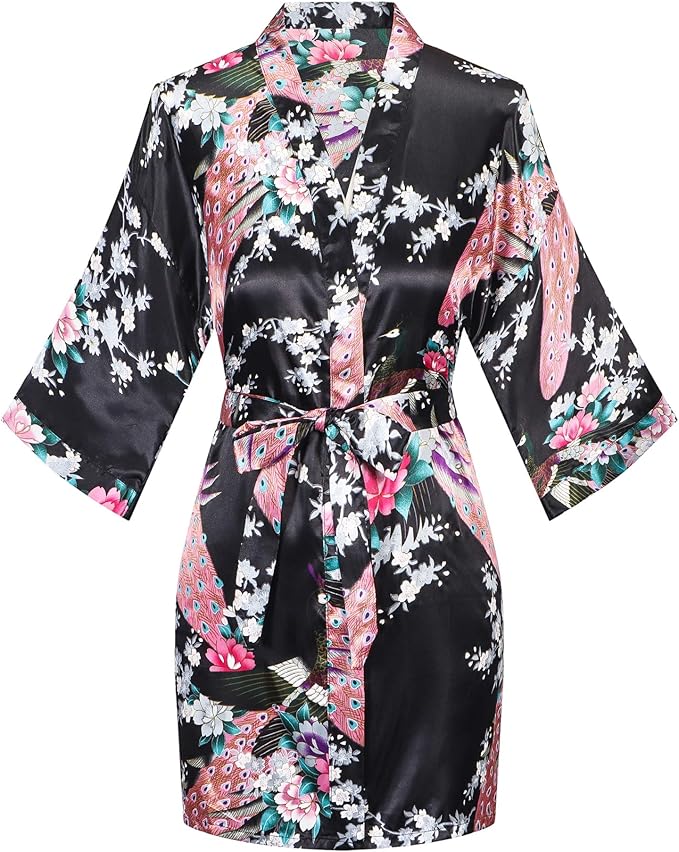 Women's Short Kimono Robes Bride and Bridesmaid Satin Floral Bathrobe Peacock Sleepwear Dressing Gown for Wedding Party