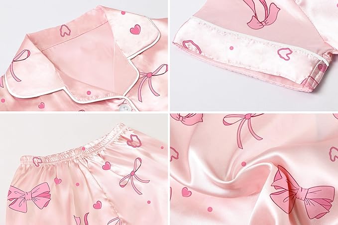 Umeyda Women & Girls Pajamas Set, Soft Satin Lightweight Silk Button-Down Top with Shorts 2 Piece PJS for Mom Boys Kids Gifts