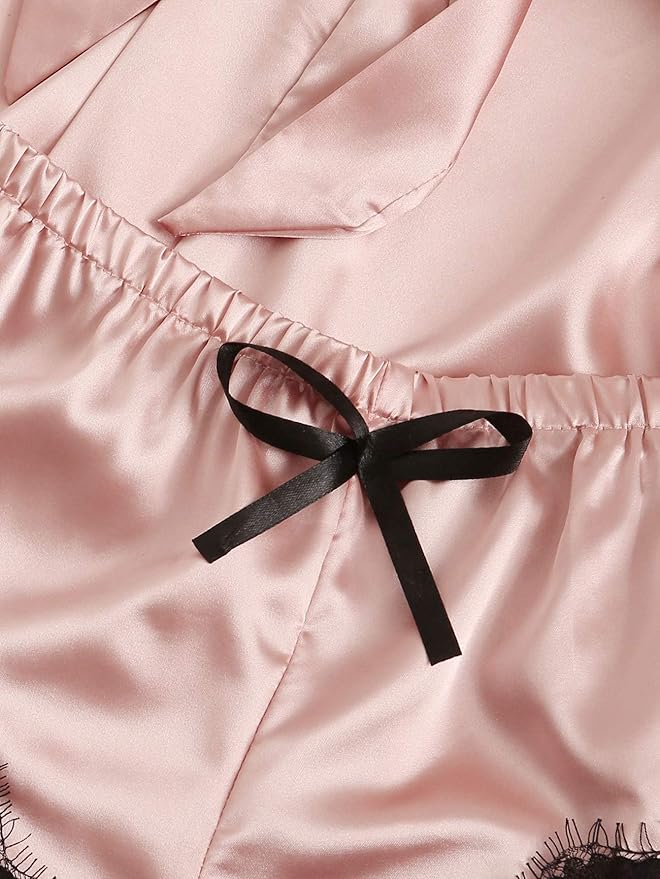 WDIRARA Women' Silk Satin Pajamas Set 4pcs Lingerie Floral Lace Cami Sleepwear with Robe