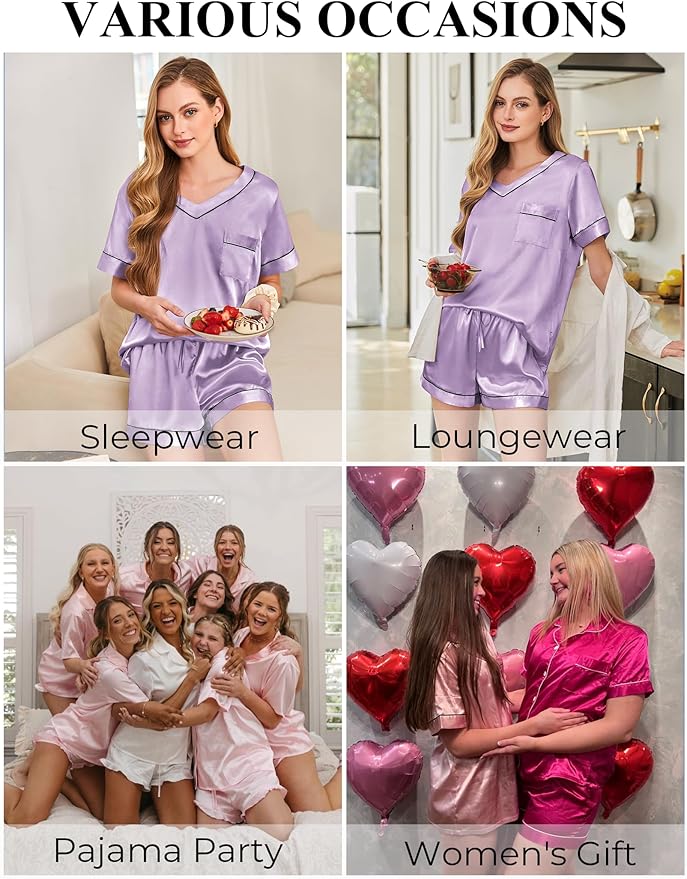 Silk Pajamas for Women Short Sleeve Satin 2 Piece Pj Set Soft V Neck Sleepwear Loungewear, S-XXL