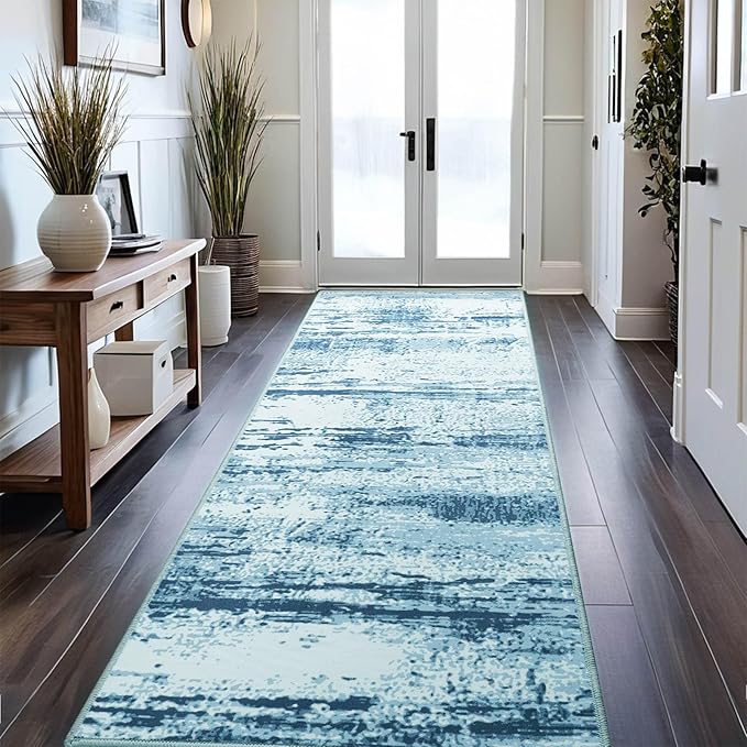 Runner Rug 2x6 Washable Rug Runners for Hallways Kitchen Non-Slip Rugs Abstract Print Soft Faux Wool Carpet Runner for Entryway Indoor, Bedroom Bedside, Laundry, Dorm, Home Decor (Blue)