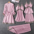 Women's 4pcs Silk Satin Pajamas Set Floral Lace Trim Dress with Robe Lounge Sleepwear Nightdress Novelty Loungewear