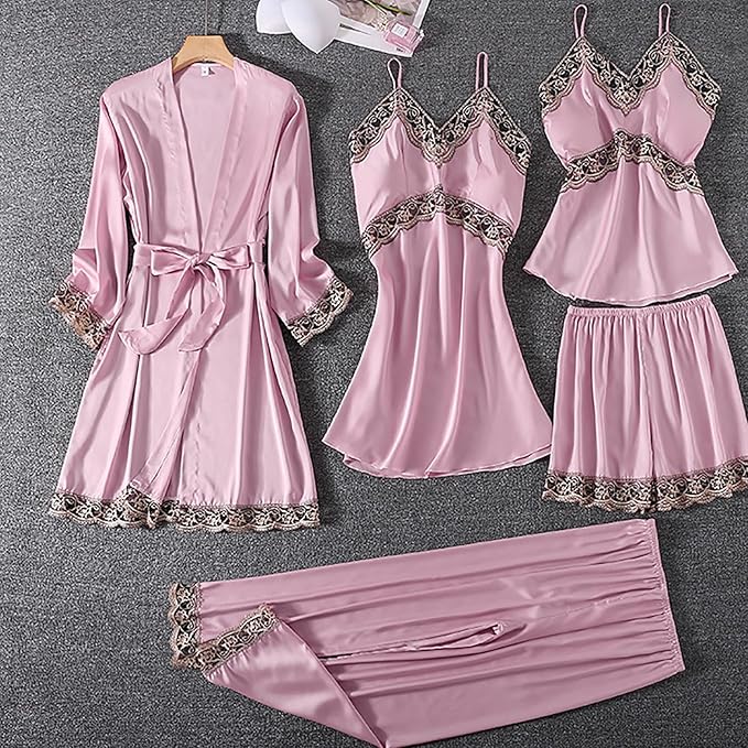 Women's 4pcs Silk Satin Pajamas Set Floral Lace Trim Dress with Robe Lounge Sleepwear Nightdress Novelty Loungewear