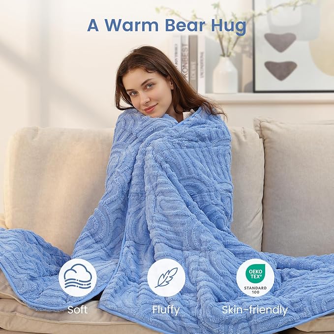 Sherpa Fleece Adult Weighted Blanket Great for Sleep, 15 lbs Dual Sided Soft Fuzzy Heavy Blankets for Couch Bed Sofa, Cozy Warm Fluffy Arched Jacquard Throw for Winter (Blue, 60" x 80", 15 Pounds)