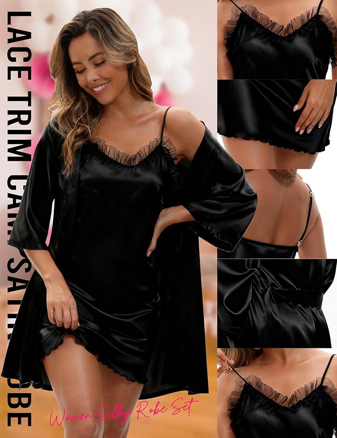 EPLAZA Bride Robe for Wedding Day Set Bridal Robes Satin Robe with Sexy Silk Lingerie for Bachelorette Party Getting Ready
