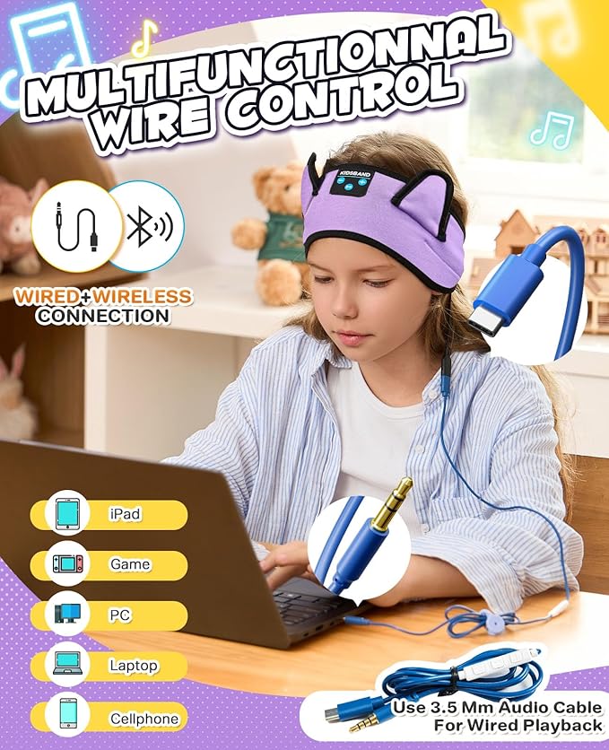 Kids Headphones Headband Wireless, Kids Bluetooth Headband, Baby Headphones with Thin Speakers & Wired Playback 3.5 MM Jack, Perfect Toddlers & Children's Earphones for Home, School & Travel