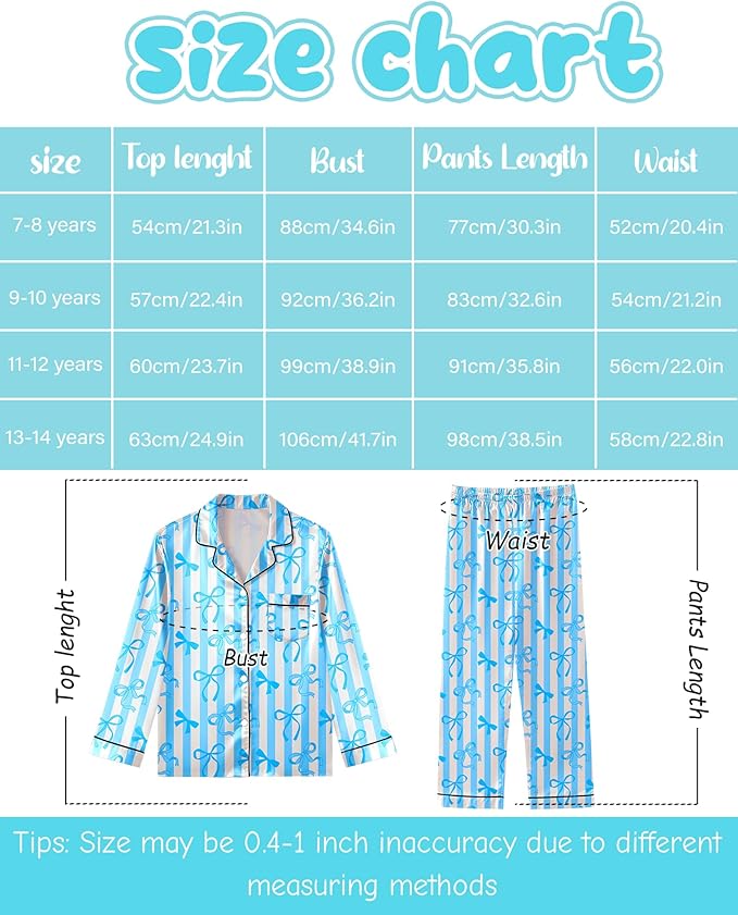 Girls Pajamas Silk PJS Set Satin Sleepwear Long Sleeve Jammies for Kids Button-Down Nightwear Loungewear 3-16 Years
