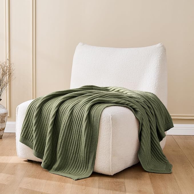 Chunky Knit Olive Green Throw Blanket 50"x60",Soft Cozy Thick Knitted Blanket for Couch Sofa Bed, Cute Decorative Throw for Living Room