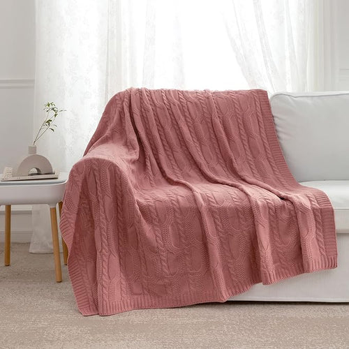 Aormenzy Dusty Pink Knit Throw Blankets Oversized Cable Knit Decorative Throw Blanket Dusty Rose Soft Cozy Knitted Blanket for Sofa Couch Bed, 60" x 80"