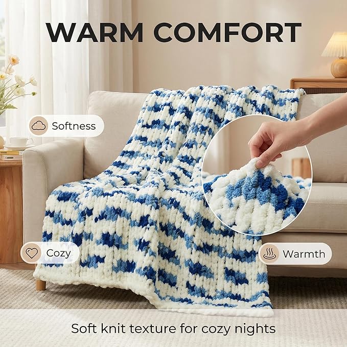 Amélie Home Chunky Knit Throw Blanket for Couch, Soft Chenille Handmade Crochet Throw Rope Knot Blanket for Couch, 50"x60", Space-Dyed Blue Striped