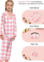 EPLAZA Kids Satin Pajamas Sets Girls Boys Button-Down Silky Pajamas Sleepwear with Hairband Eye Mask Hair Tie