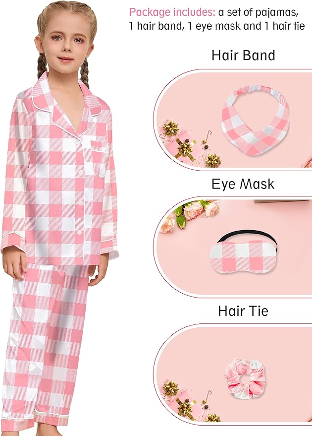 EPLAZA Kids Satin Pajamas Sets Girls Boys Button-Down Silky Pajamas Sleepwear with Hairband Eye Mask Hair Tie