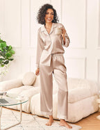 Ekouaer Womens Silk Satin Pajama Sets 2 Piece Sleepwear Pjs Set Long Sleeve Button Down Top and Pants Stripe Loungewear S-XXL