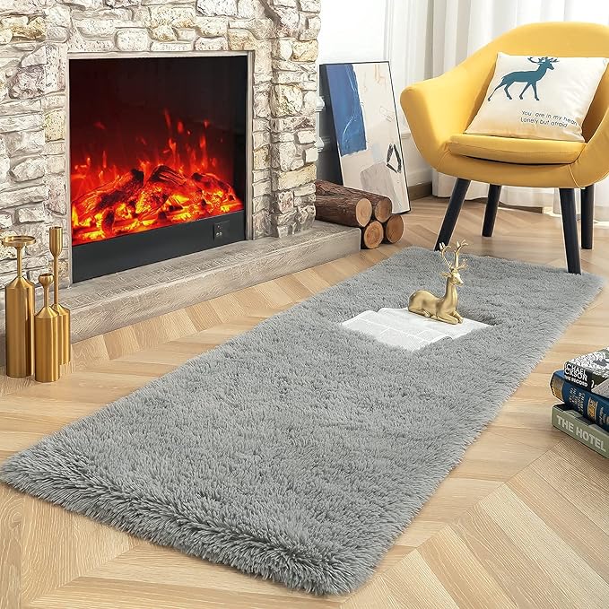 ISEAU Fluffy Runner Rug for Dorm, College, Apartment, Bedroom Plush Area Rugs, Shag Carpet with Rubber Backing Non Slip, Comfy Nursery Mat Bedside Rug for Kids Boys Room Home Decor, 2ft x 6ft, Grey