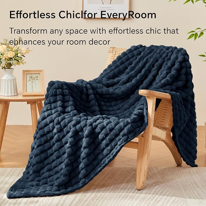 BEDELITE Updated Navy Throw Blanket for Couch and Bed- Super Soft and Warm 3D Checkered Fluffy Fuzzy Fleece Blanket, Luxurious Plush Cozy Blanket for Room Decor Spring, 50x60 inches